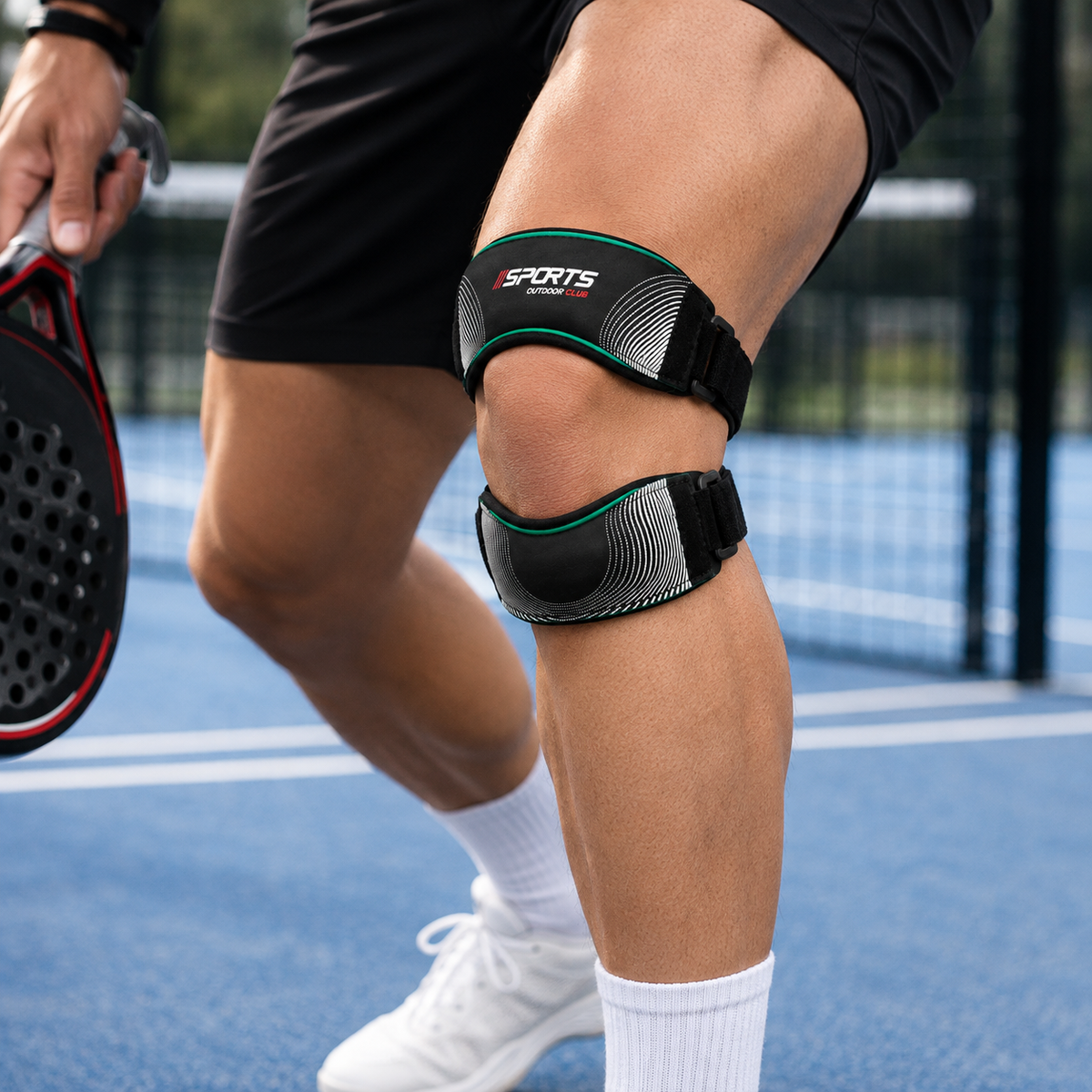 Joueur portant la genouillère de compression noire sur un terrain de padel, tenant une raquette