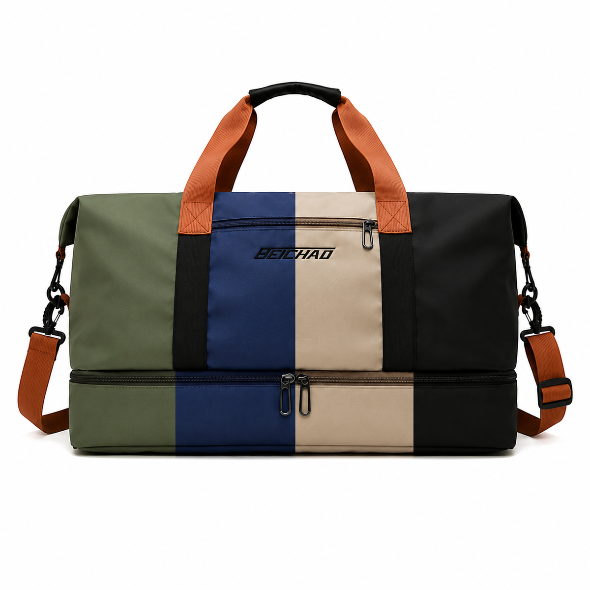 Sac polochon color block vert kaki, bleu marine, beige et noir avec poignées orange, vue de face