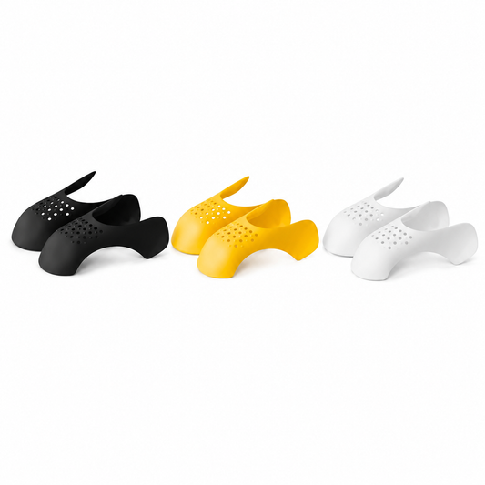 Protège-chaussures anti-plis pour sneakers, trois coloris noir, jaune et blanc alignés