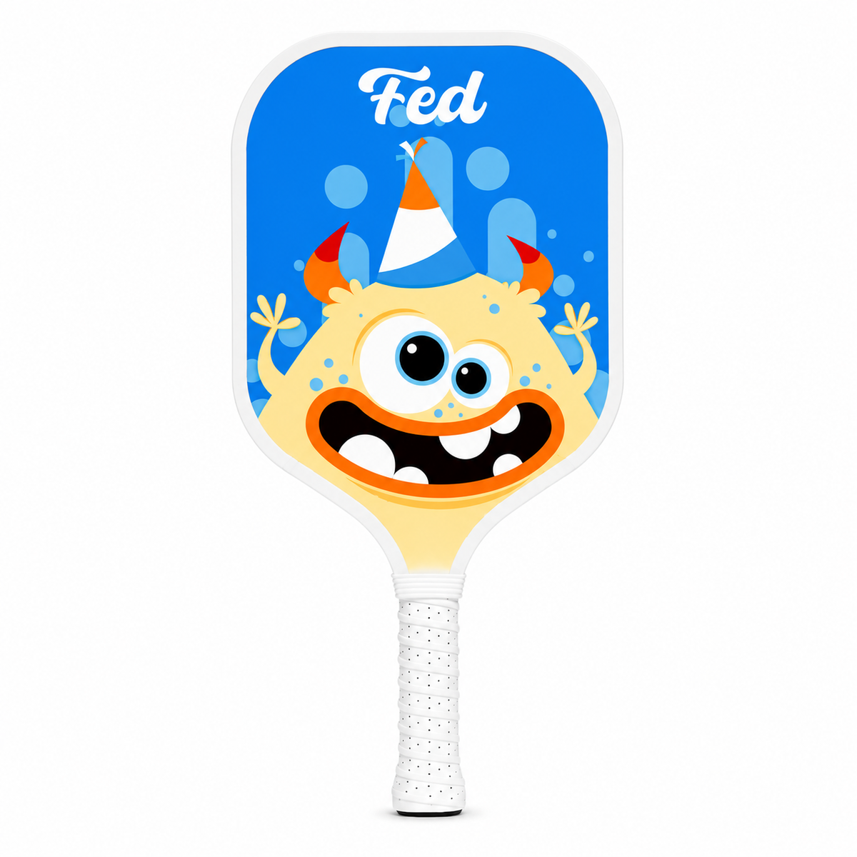 Raquette de pickleball enfant bleue avec illustration de monstre souriant Fed