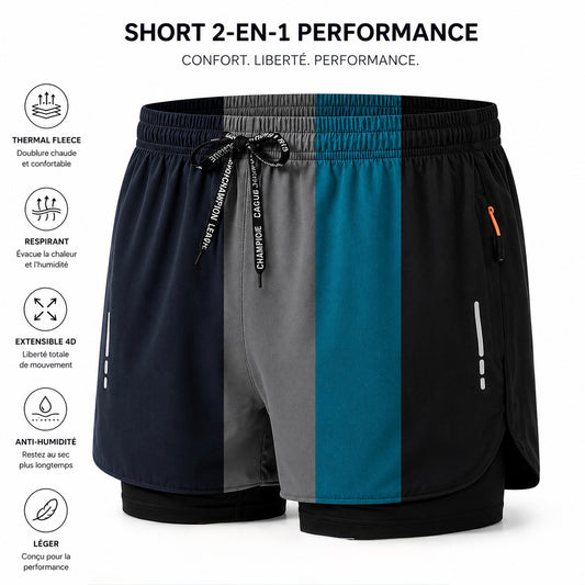 Short Padel Homme 2 en 1 – Polyester Élasthanne, Séchage Rapide