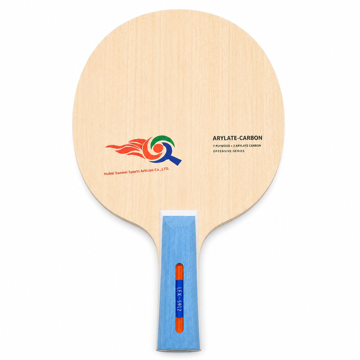 Lame de tennis de table carbone bois avec manche bleu - vue de face