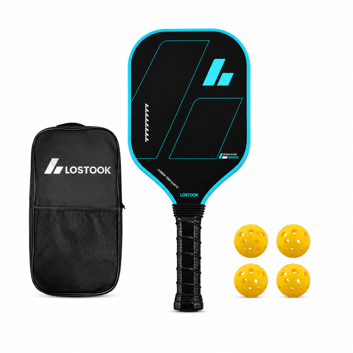 Raquette de pickleball noire et turquoise avec housse de transport noire et quatre balles jaunes incluses
