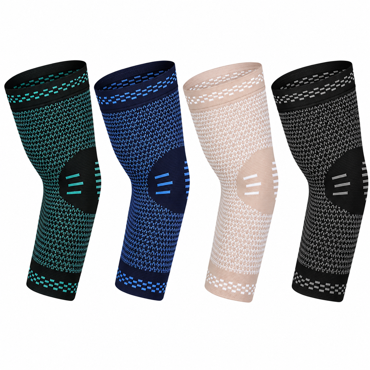 Quatre coudières de compression tricotées, coloris vert, bleu, beige et noir