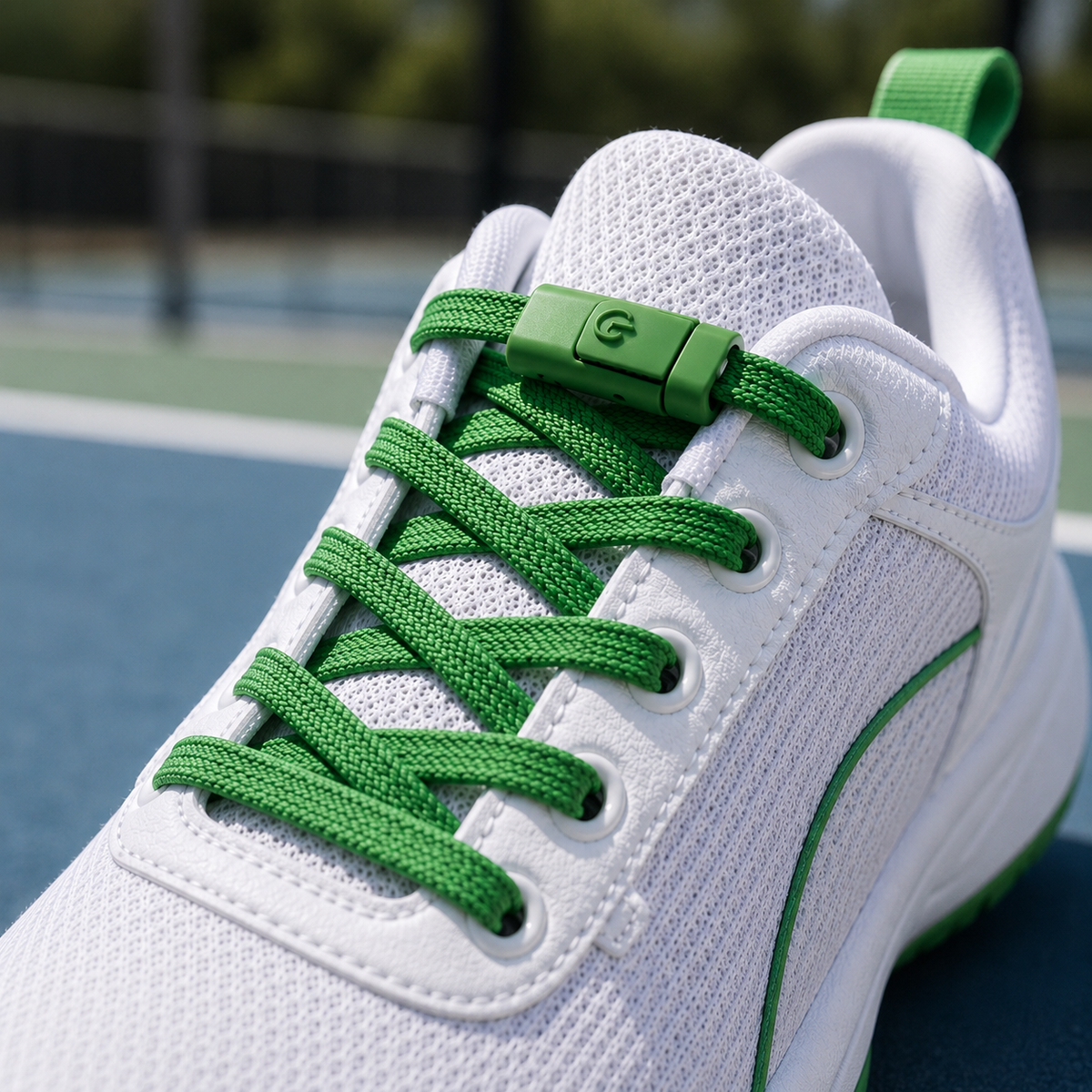 Lacets élastiques verts installés sur une chaussure de sport blanche, gros plan avec fermoir