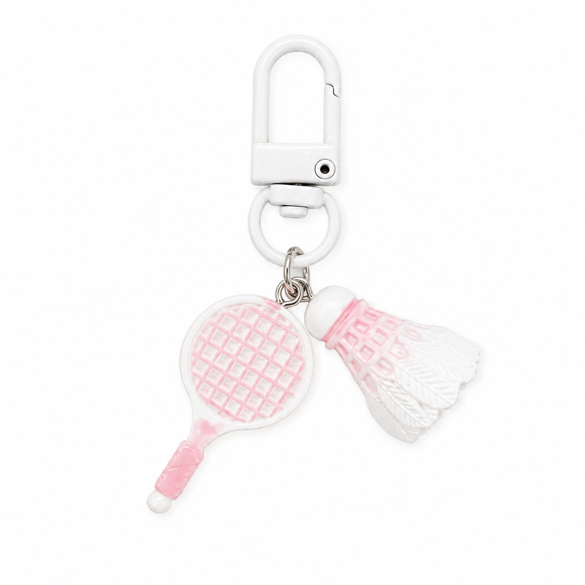 Porte-clés badminton mini raquette et volant, coloris blanc et rose pâle