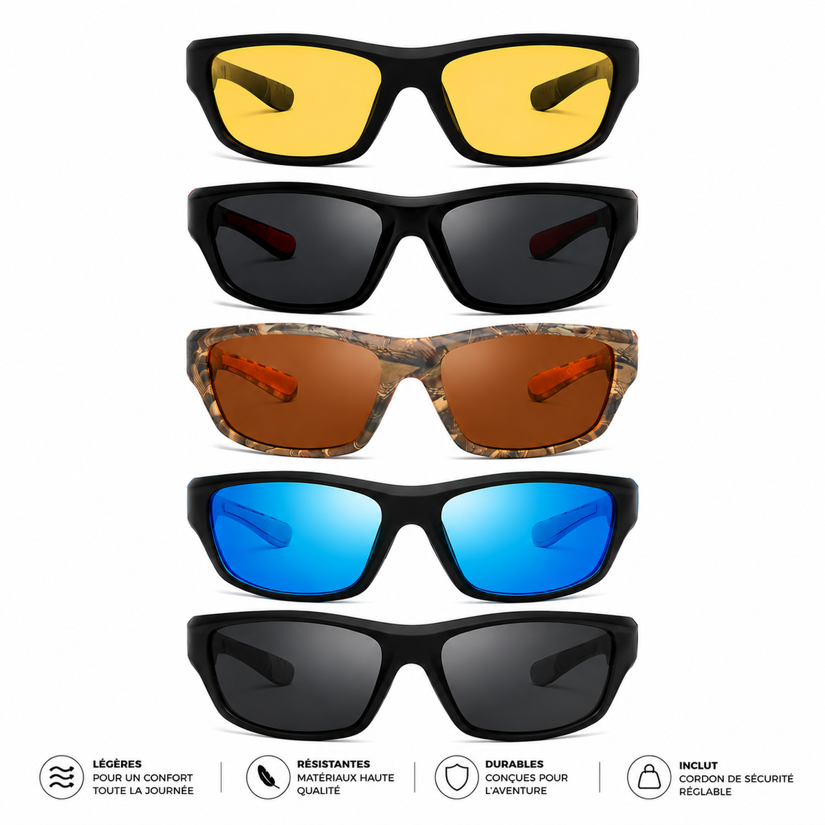 Lunettes de soleil polarisées HD avec cordon sport - présentation des différents coloris et caractéristiques