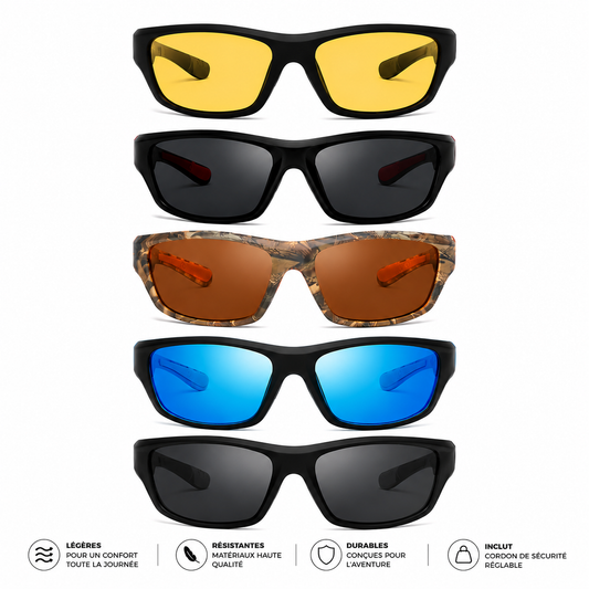 Lunettes de soleil polarisées HD avec cordon sport - présentation des différents coloris et caractéristiques