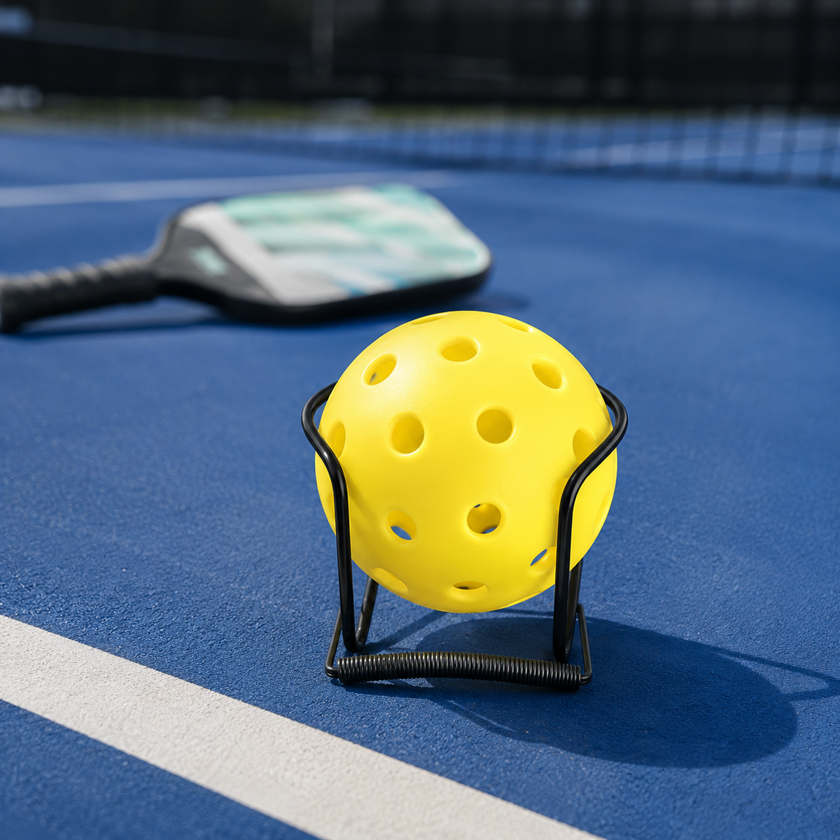 Porte-balle pickleball clip noir tenant une balle jaune sur un terrain avec raquette en arrière-plan - photo lifestyle