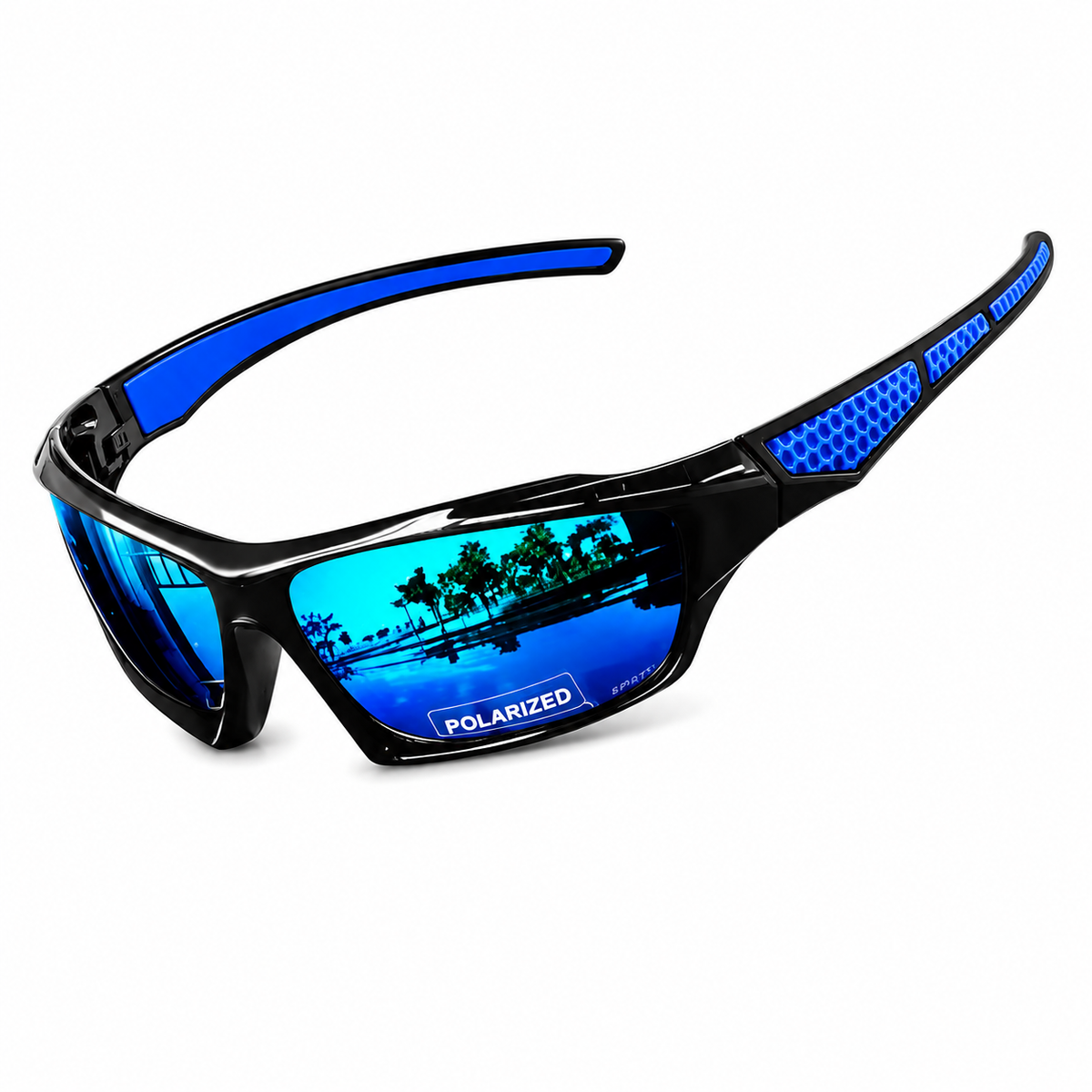 Lunettes de sport noires et bleues avec verres miroir bleus polarisés, vue en angle rapprochée