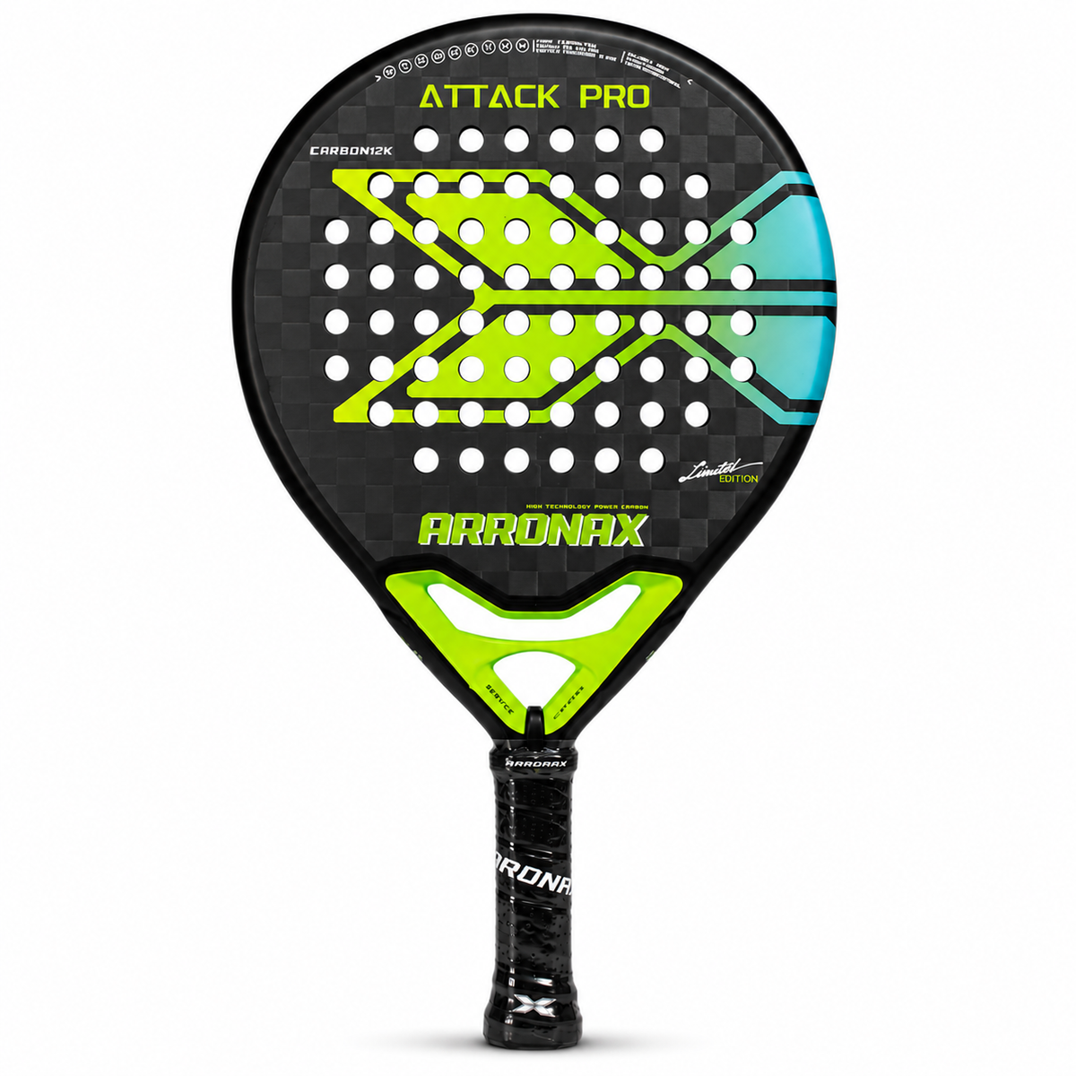 Raquette de padel ronde Arronax Attack Pro noire et verte avec motif en X, vue de face