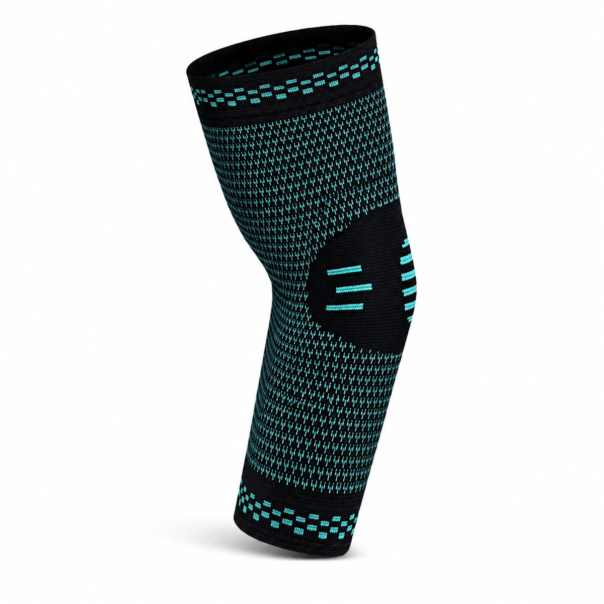 Gros plan sur une coudière de compression noire et turquoise avec zone de renfort au niveau du coude