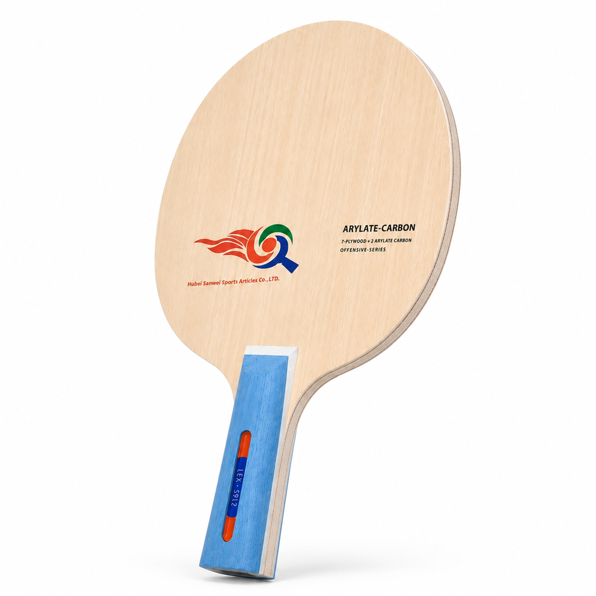 Lame de tennis de table carbone bois avec manche bleu - vue de face légèrement inclinée