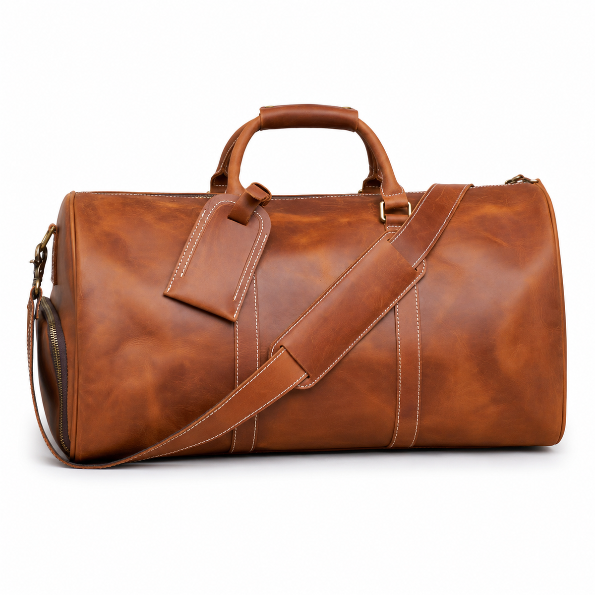 Sac de voyage en cuir véritable finition Crazy Horse marron avec bandoulière et étiquette de bagage, vue de profil