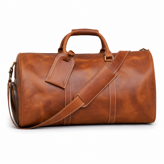 Sac de voyage en cuir véritable finition Crazy Horse marron avec bandoulière et étiquette de bagage, vue de profil