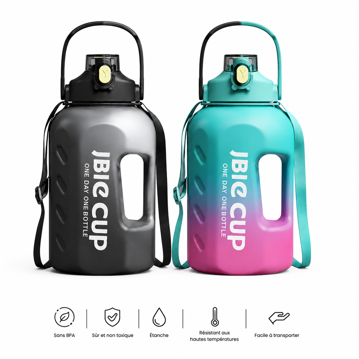 Gourdes de sport grande capacité 3L noire et dégradé turquoise-rose avec poignée - infographie des caractéristiques : sans BPA, sûr et non toxique, étanche, résistant aux hautes températures, facile à transporter