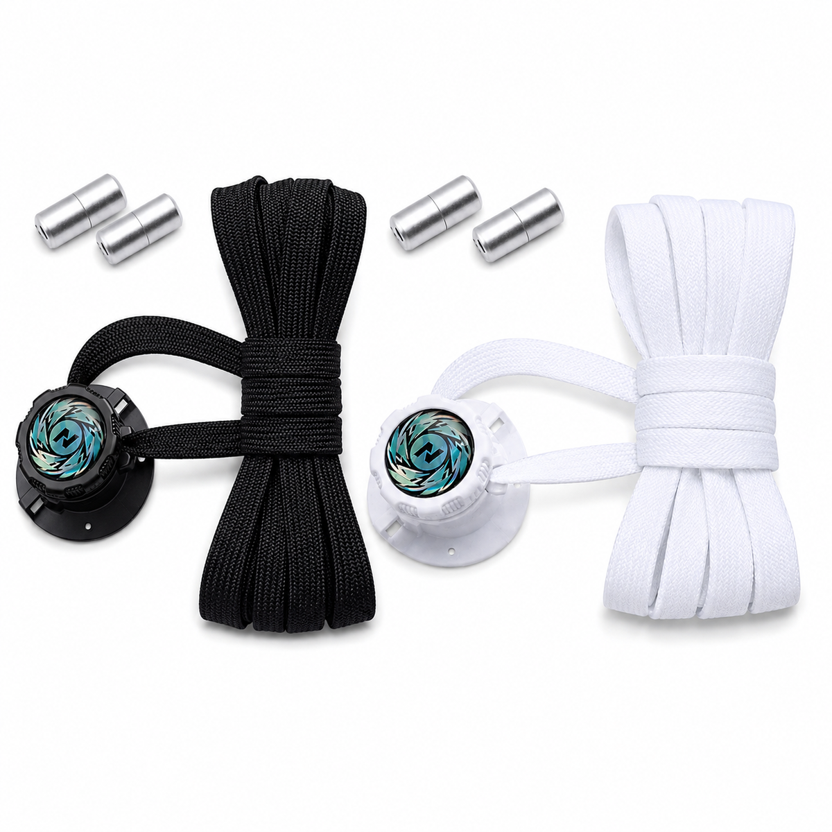 Lacets automatiques plats avec fermoir à serrage rotatif, coloris noir et blanc