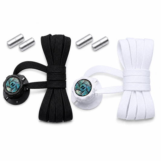 Lacets automatiques plats avec fermoir à serrage rotatif, coloris noir et blanc