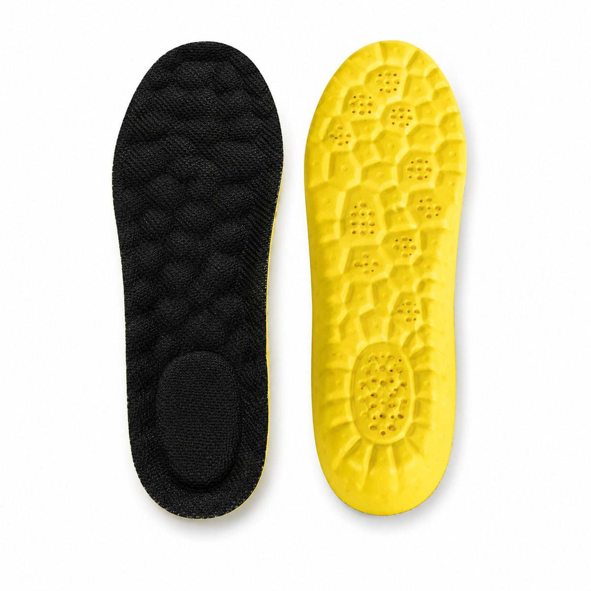 Semelle en mousse à mémoire de forme, dessus textile noir et dessous en gel jaune ergonomique