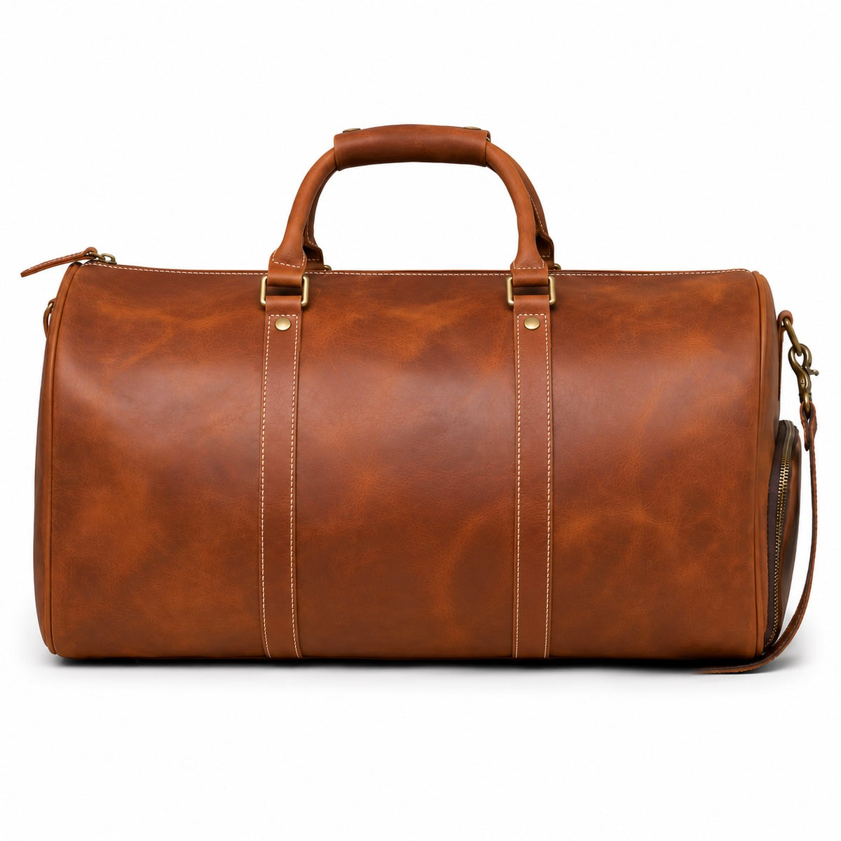 Sac de voyage en cuir marron vue de face montrant les poignées renforcées