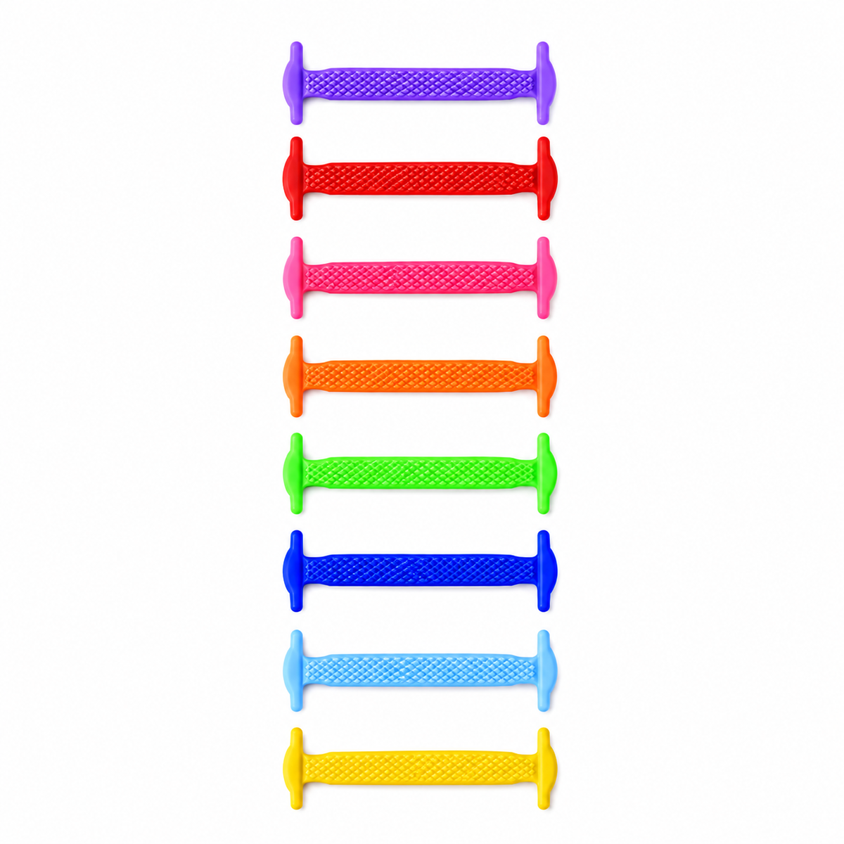 Lacets élastiques en silicone sans nœud, huit coloris alignés violet, rouge, rose, orange, vert, bleu, bleu clair et jaune