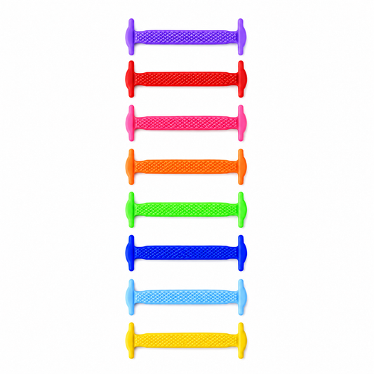 Lacets élastiques en silicone sans nœud, huit coloris alignés violet, rouge, rose, orange, vert, bleu, bleu clair et jaune