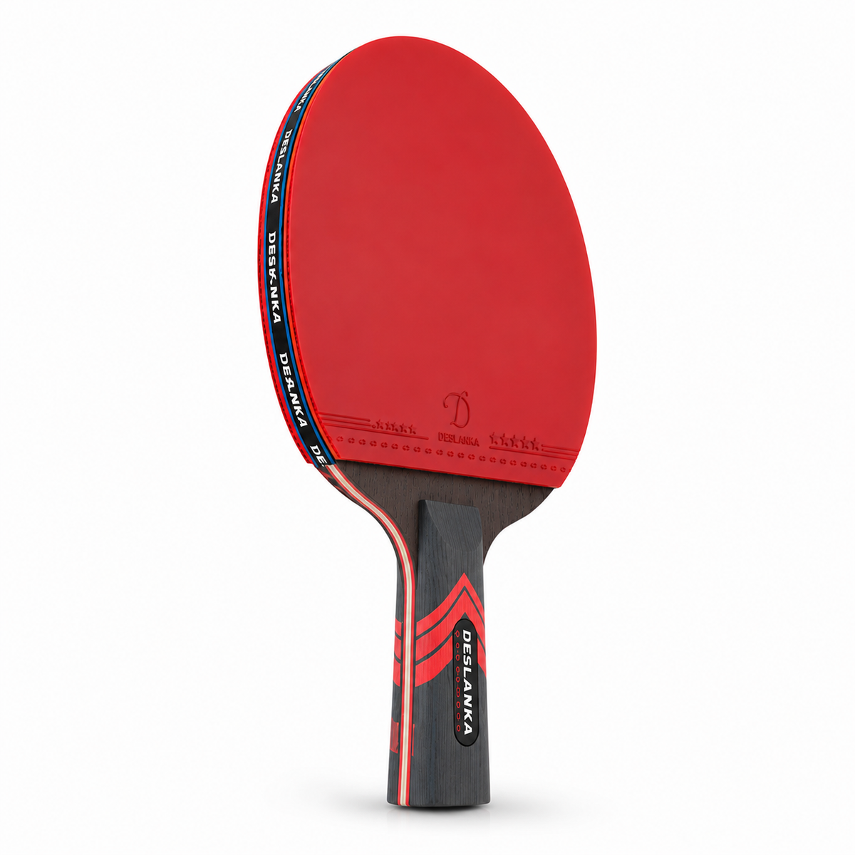 Raquette de tennis de table carbone pro rouge et noire - vue en angle sur le bord