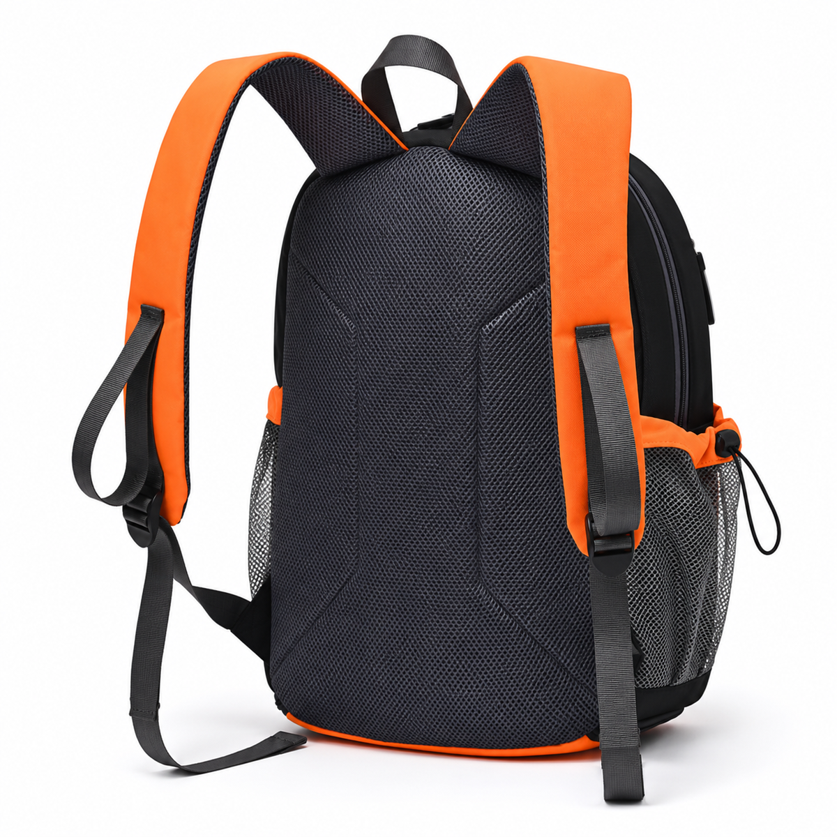 Vue arrière du sac à dos montrant les bretelles rembourrées orange et le dos matelassé