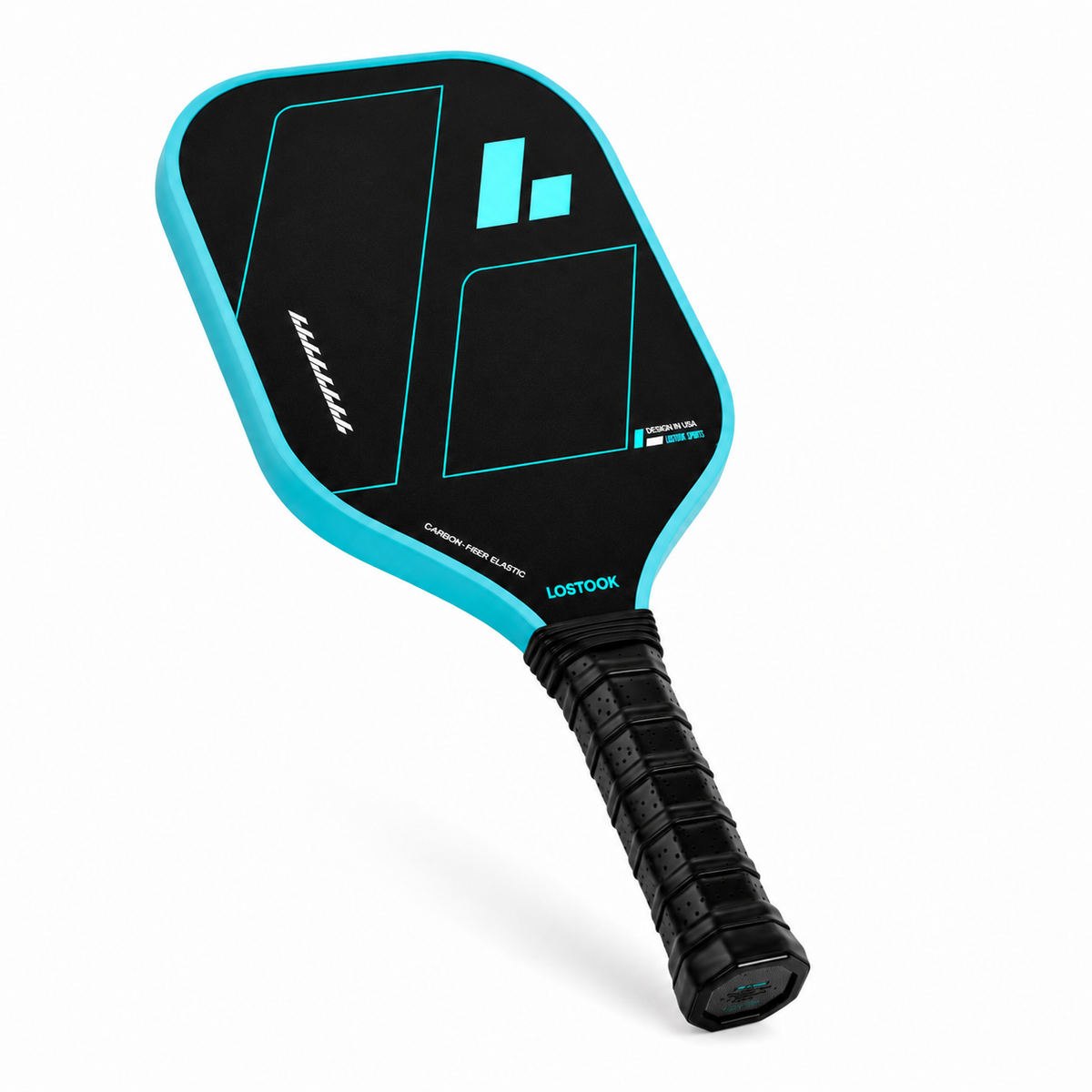 Raquette de pickleball noire et turquoise vue en angle montrant le manche et le capuchon