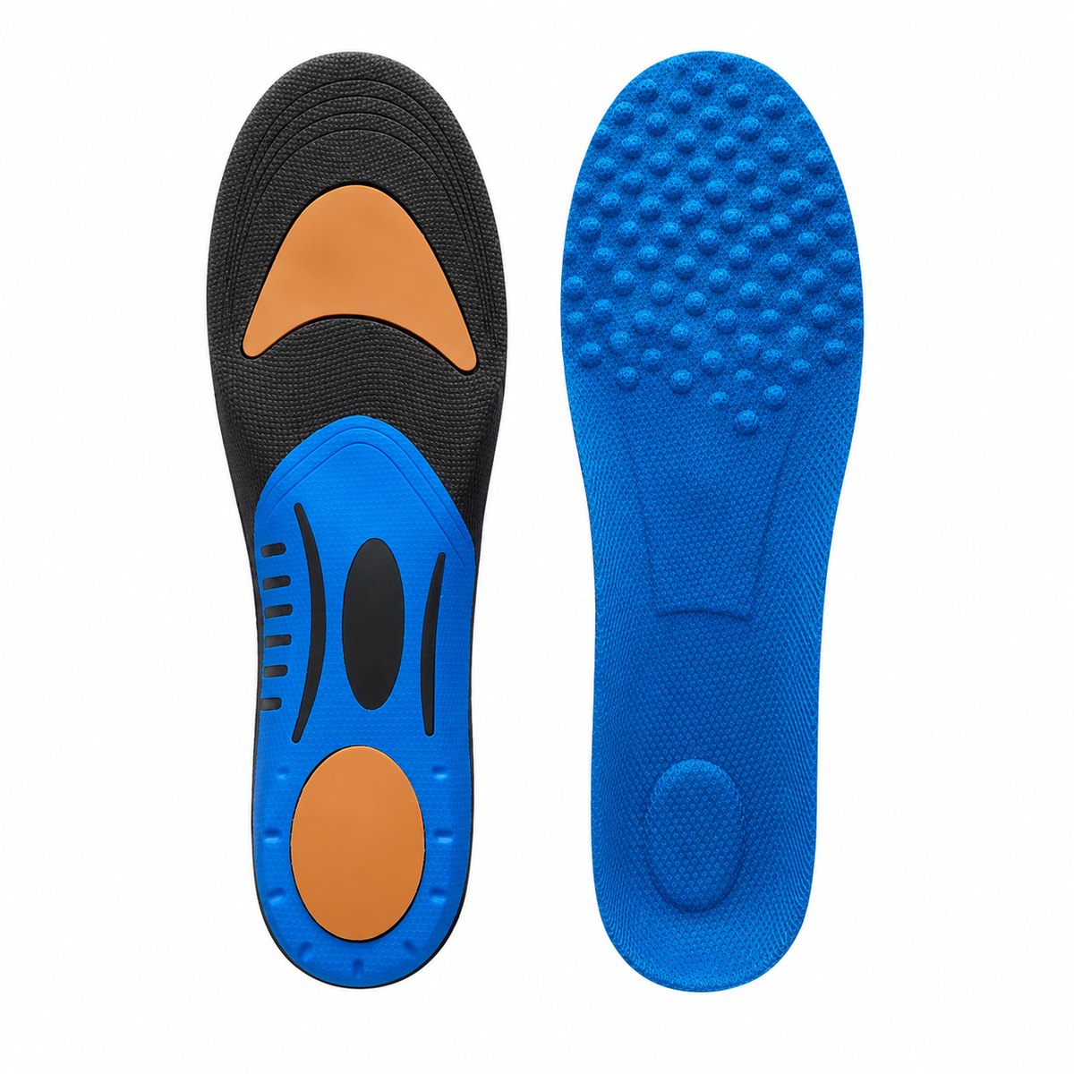 Semelle orthopédique noire et bleue avec zones de soutien orange, vue de dessus et de dessous