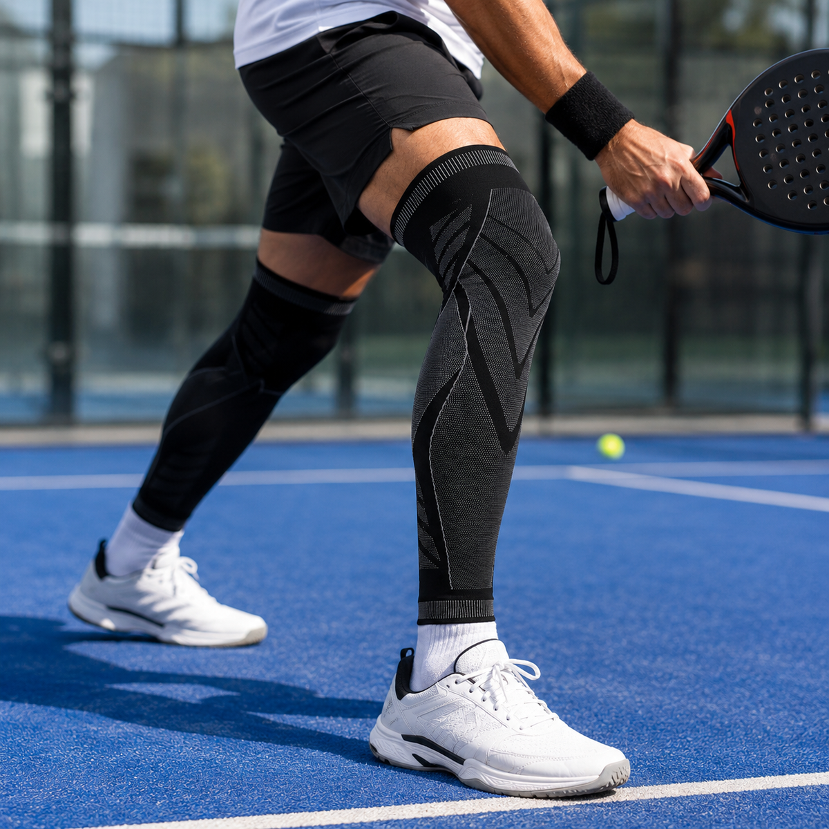 Joueur de padel portant le manchon de compression jambe complète noir en plein match sur terrain bleu