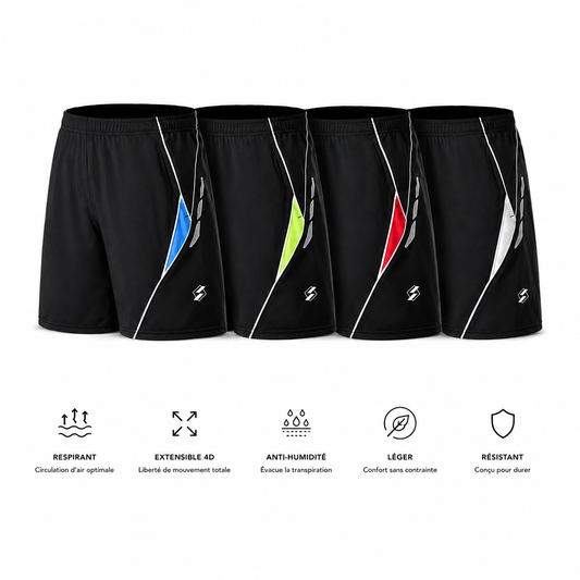 Infographie du short de padel homme noir avec quatre coloris d'accent bleu, vert, rouge et blanc, et icônes des caractéristiques techniques