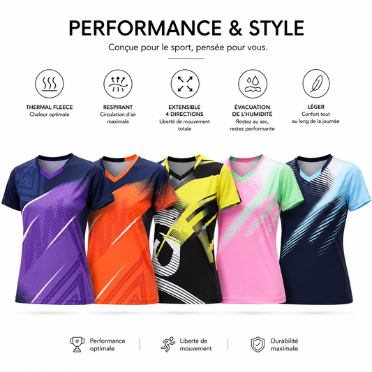 Infographie du maillot technique badminton et tennis de table avec cinq coloris et icônes des caractéristiques techniques
