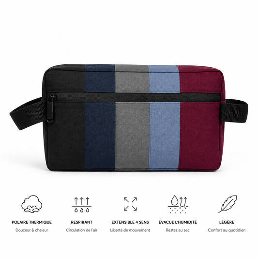 Sac vestiaire padel étanche color block noir, bleu marine, gris, bleu clair et bordeaux - infographie des caractéristiques : polaire thermique, respirant, extensible 4 sens, évacue l'humidité, léger