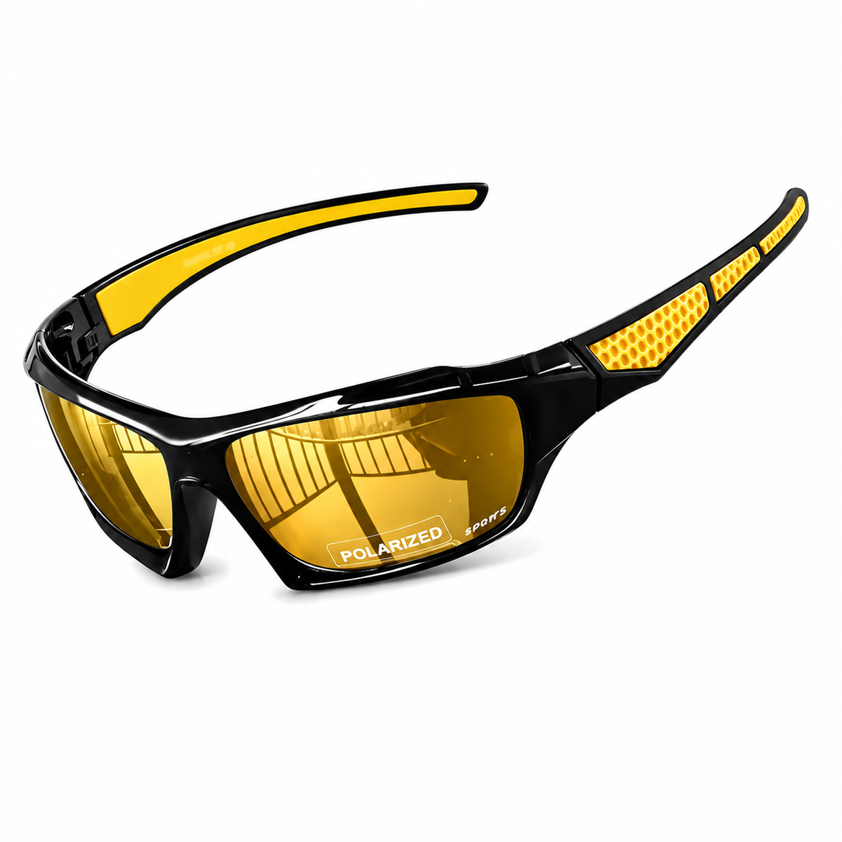 Lunettes de sport noires avec branches jaunes et verres jaunes polarisés, vue en angle