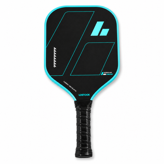 Raquette de pickleball en carbone noire et bleu turquoise, vue de face
