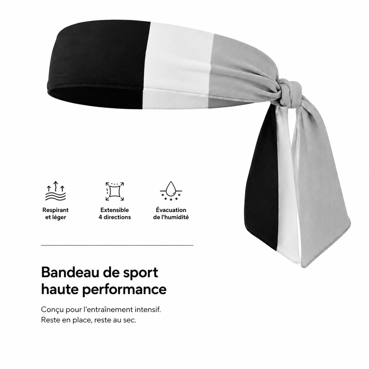 Bandeau de tête de sport à nouer noir, blanc et gris - infographie des caractéristiques : respirant et léger, extensible 4 directions, évacuation de l'humidité