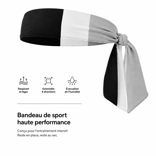 Bandeau de tête de sport à nouer noir, blanc et gris - infographie des caractéristiques : respirant et léger, extensible 4 directions, évacuation de l'humidité