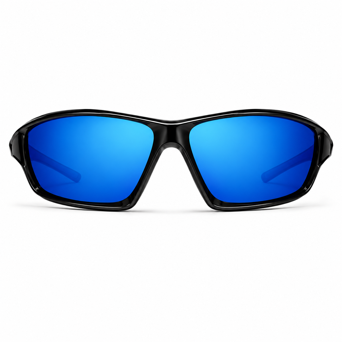 Lunettes de sport noires verres miroir bleus, vue de face