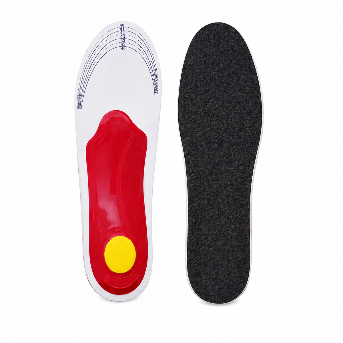 Semelle orthopédique blanche et rouge avec talonnette jaune et dessous noir