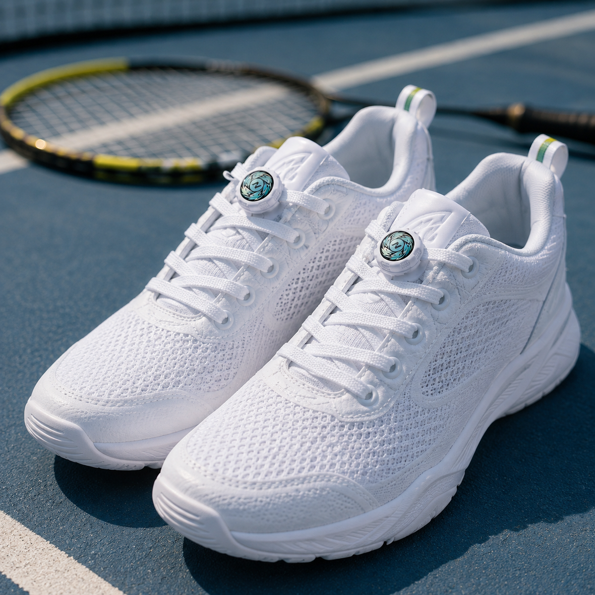 Paire de chaussures de sport blanches équipées du lacet automatique à serrage rotatif, photo lifestyle sur terrain de tennis