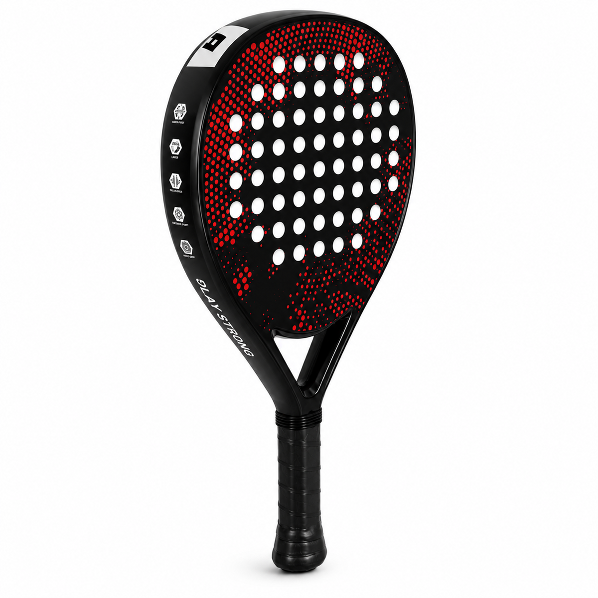 Raquette de padel enfant vue en angle montrant le profil du cadre noir avec logo de la marque