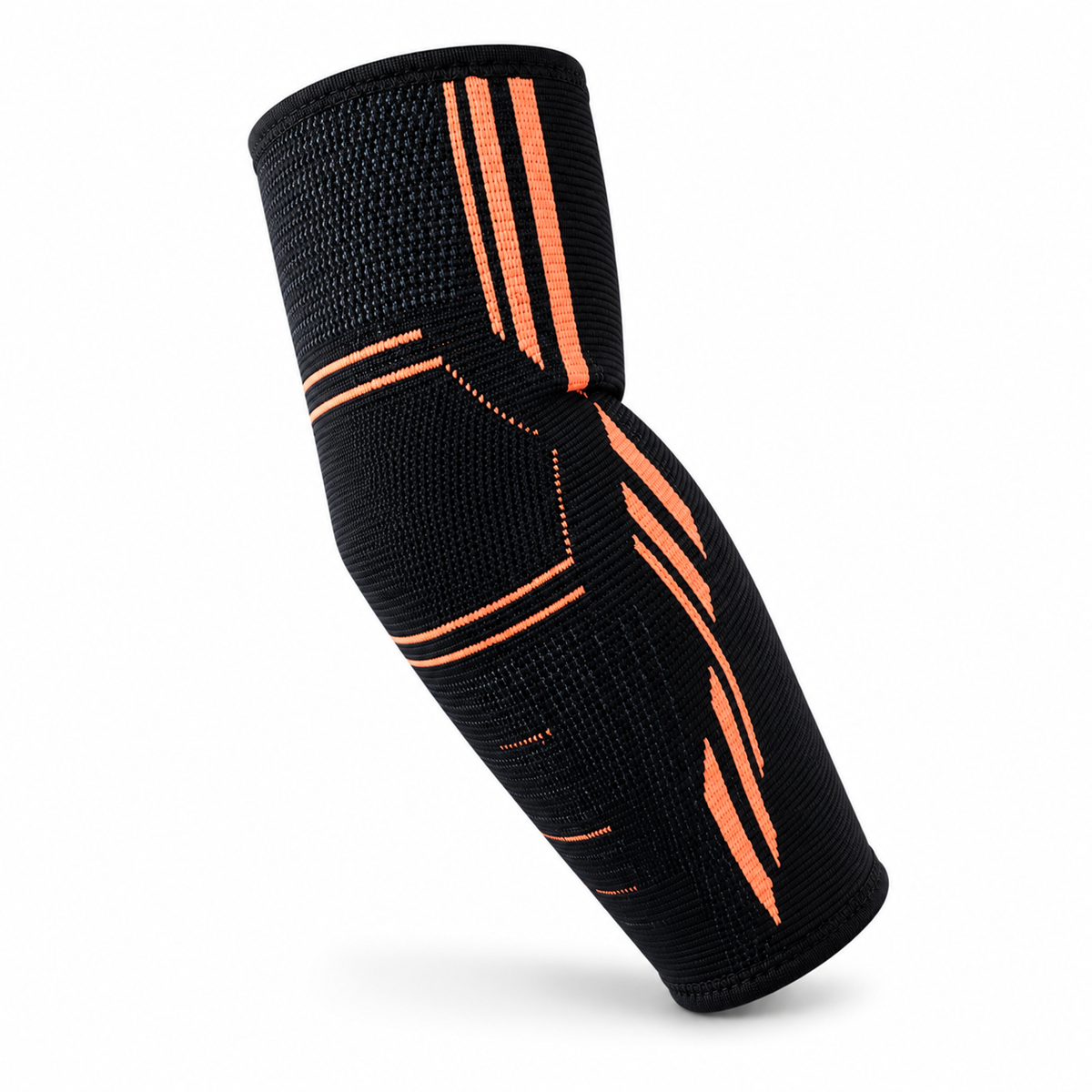 Gros plan sur un manchon de compression noir et orange pour coude