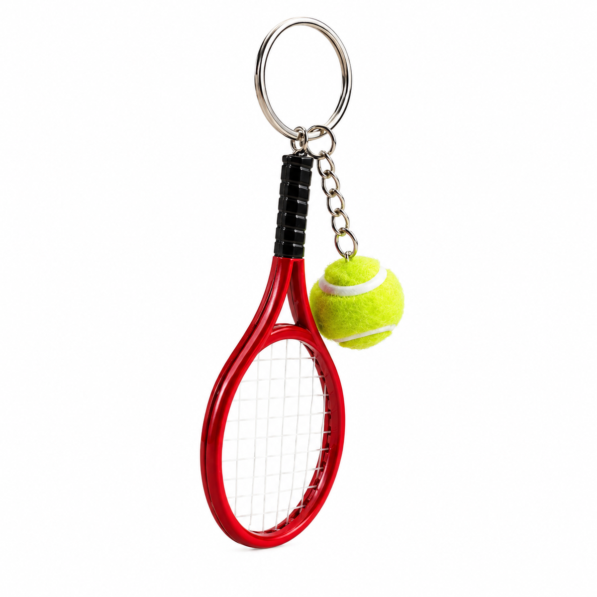 Porte-clés mini raquette de tennis rouge avec balle pompon