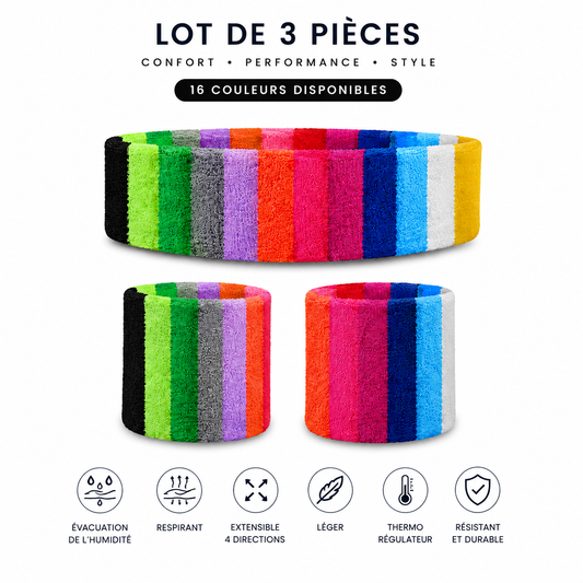 Bandeau et poignets éponge sport multicolores - infographie lot de 3 pièces avec caractéristiques