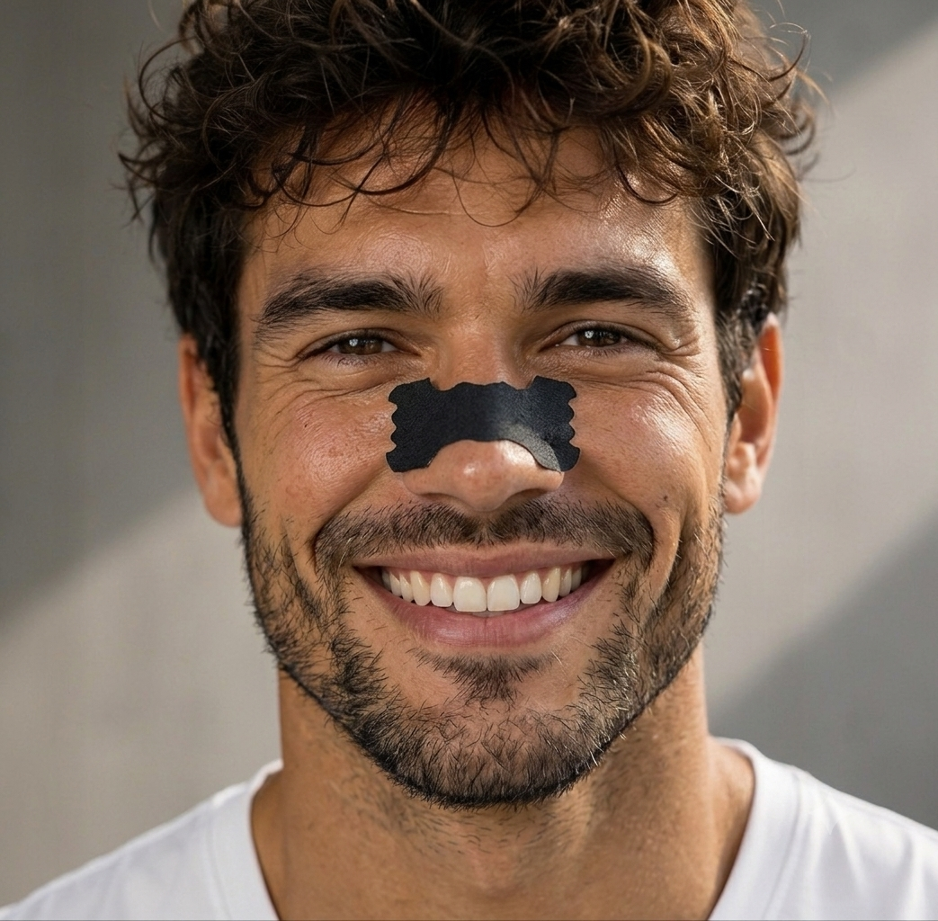 Homme souriant portant une bande nasale respiratoire noire sur le nez - portrait gros plan