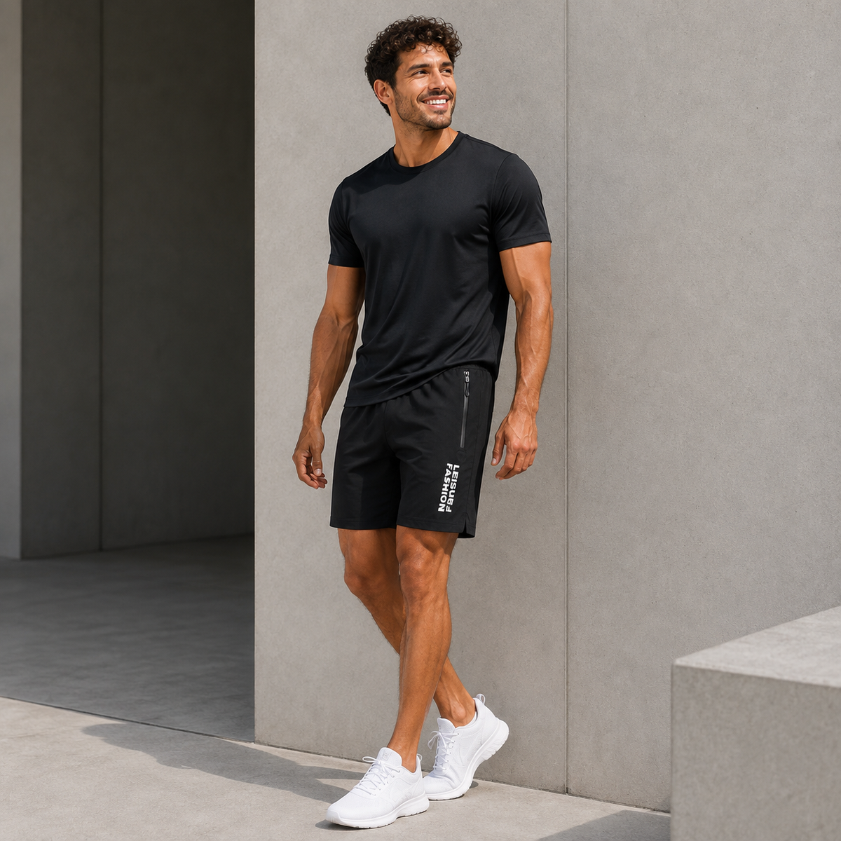 Homme portant le short de padel noir avec poche zippée et t-shirt noir, photo lifestyle en extérieur