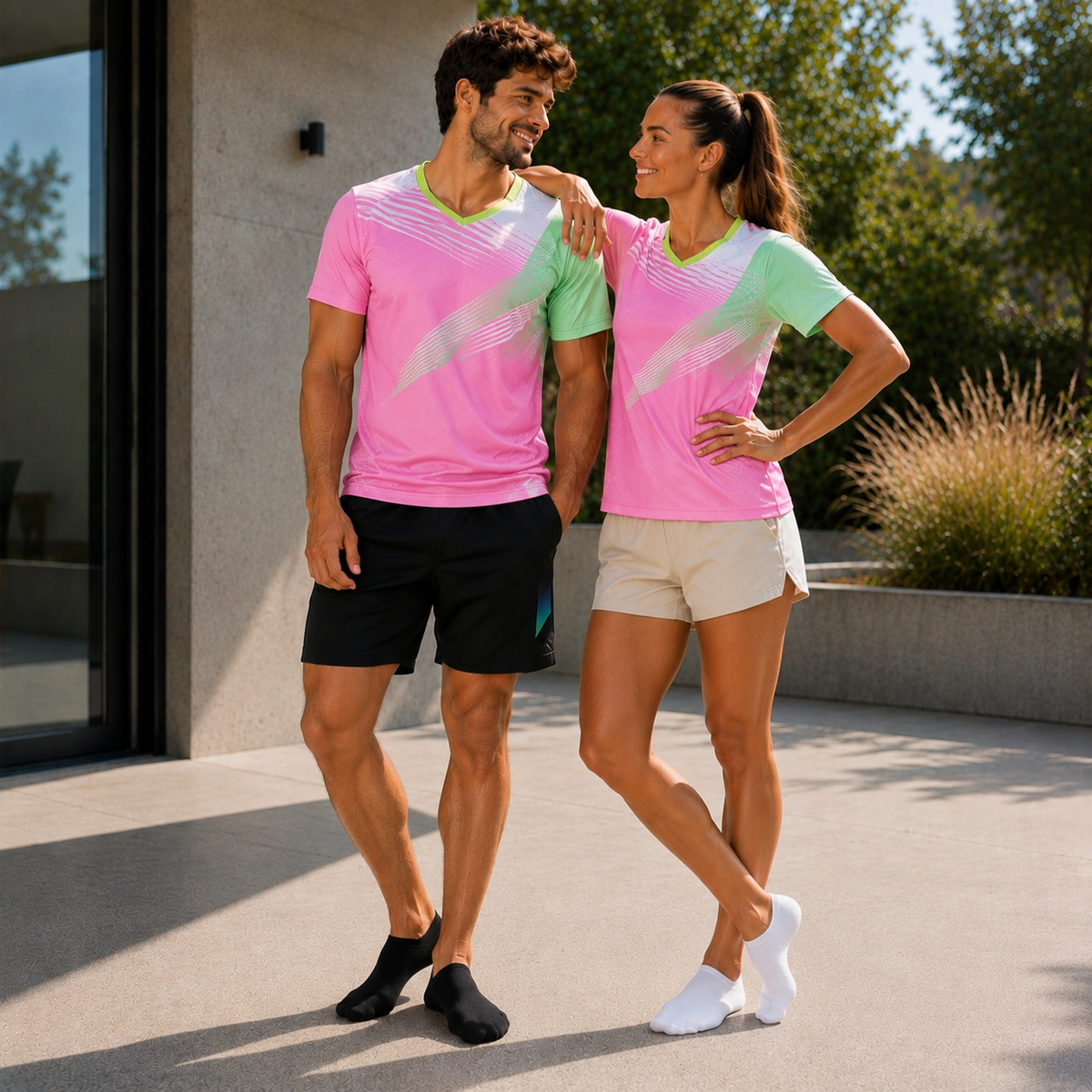 Homme et femme portant le maillot technique rose et vert, photo lifestyle en extérieur