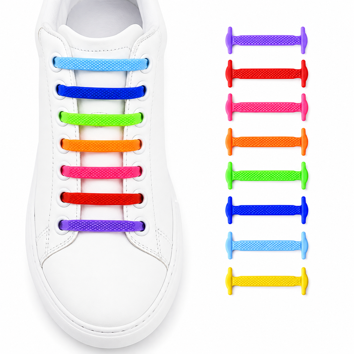 Chaussure blanche équipée de lacets élastiques en silicone multicolores sans nœud