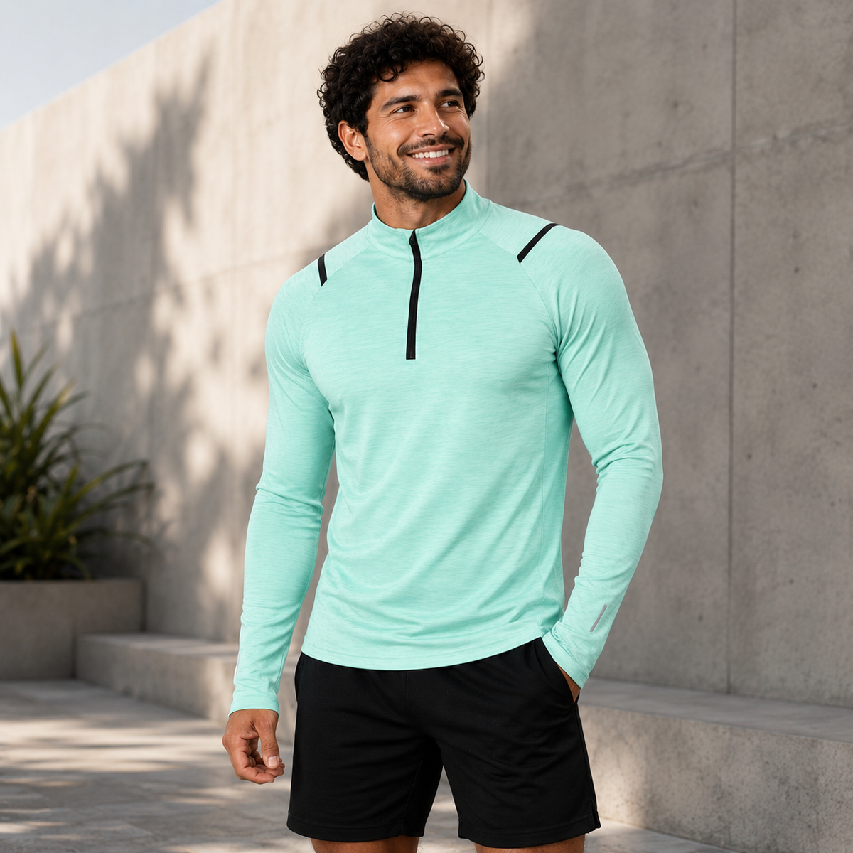 Homme portant le sweat technique padel menthe demi-zip, photo lifestyle en extérieur